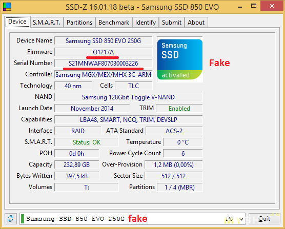 S.M.A.R.T. Fake SSD Samsung 850 EVO from AE-Samsung Store